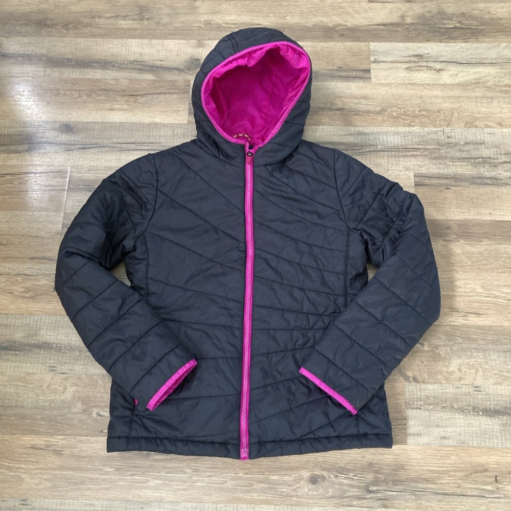 Lands End Girls Full Zip Quilted Hooded Jacket Black Size Large 14 Youth